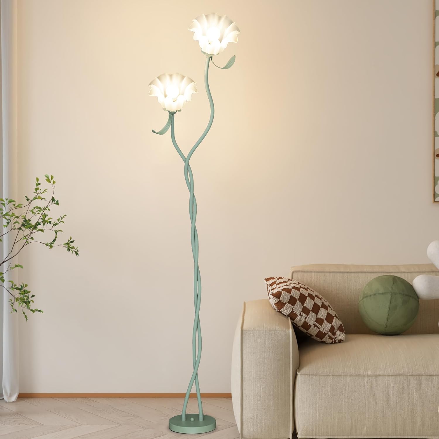 Flower Floor Lamp for Living Room, Cute Floral Lamp with Flexible Gooseneck, Tall Standing Lamp with 3 Color Modes, Modern Corner LED Bulb Lamp for Kids Girls Bedrooms (Green)