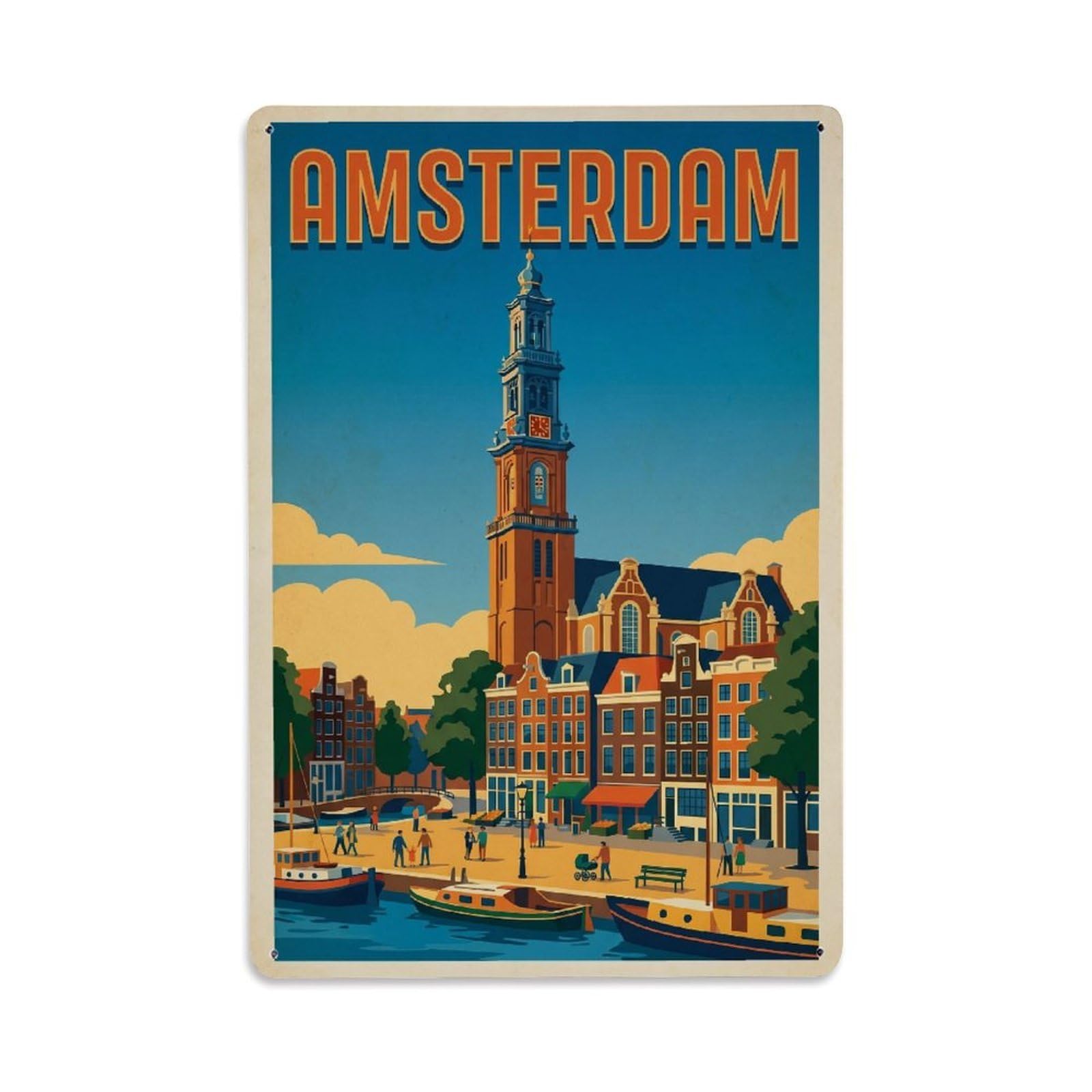 Okngb Style Retro Clocktower Amsterdam Historic Landmark Dutch Metal Tin Sign Plaque Wall Decor For Cafe, Man Cave, Club Bar, Office, Home Garden Round Metal Poster 8X12inch