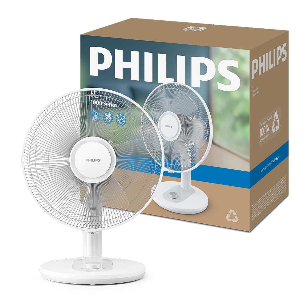 PHILIPS Série 1000 Ventilateur de Table – Flux d’air puissant et silencieux 35 dB – 3 vitesses réglables – Rotation et inclinaison ajustables – Design compact blanc (CX1030/00)