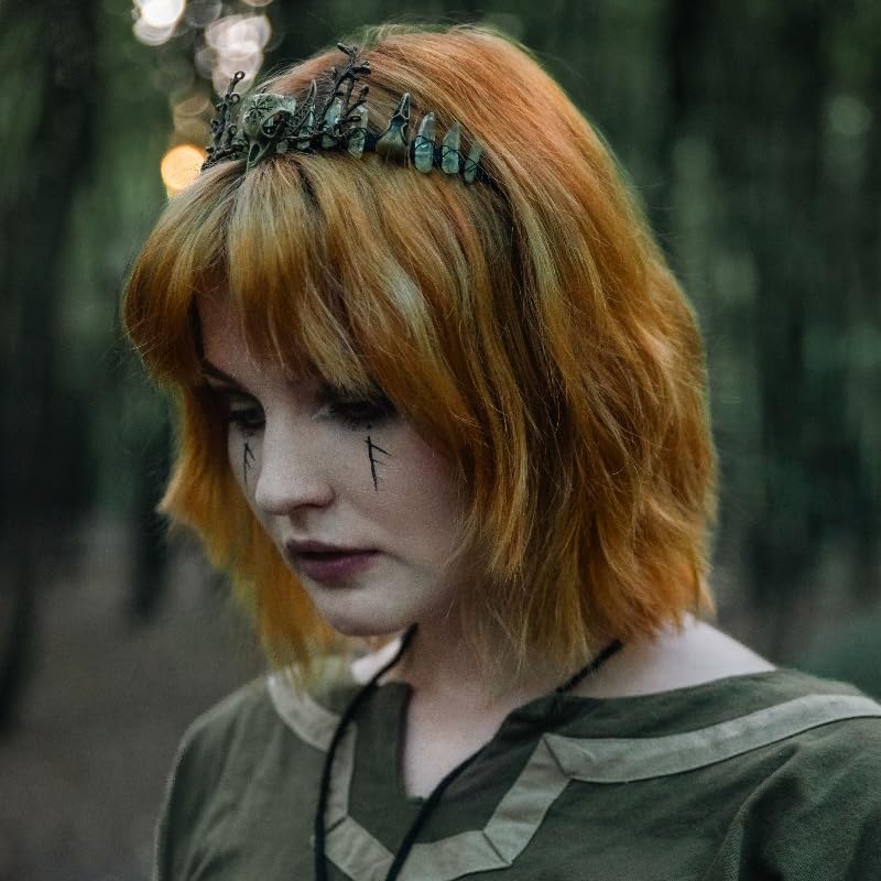 Green Fairy Crystal Crown - Handmade Raw Quartz Tiara with Bronze Crow Branch Moon Elf Headpiece Fantasy Forest Witch Crown Wedding Renaissance Halloween Cosplay Woodland Headband - Image 3