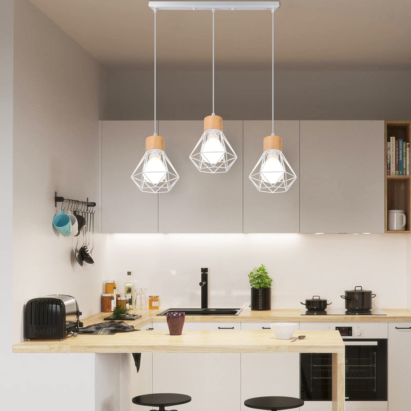 3 Luces Lámpara Colgante Vintage 16CM Retro Lámparas de Techo Diseño de Jaula Blanco Luz Colgante en Madera Hierro E27 Iluminación de Techo de Interior para Comedor Cocina (Araña 3 Luces B)