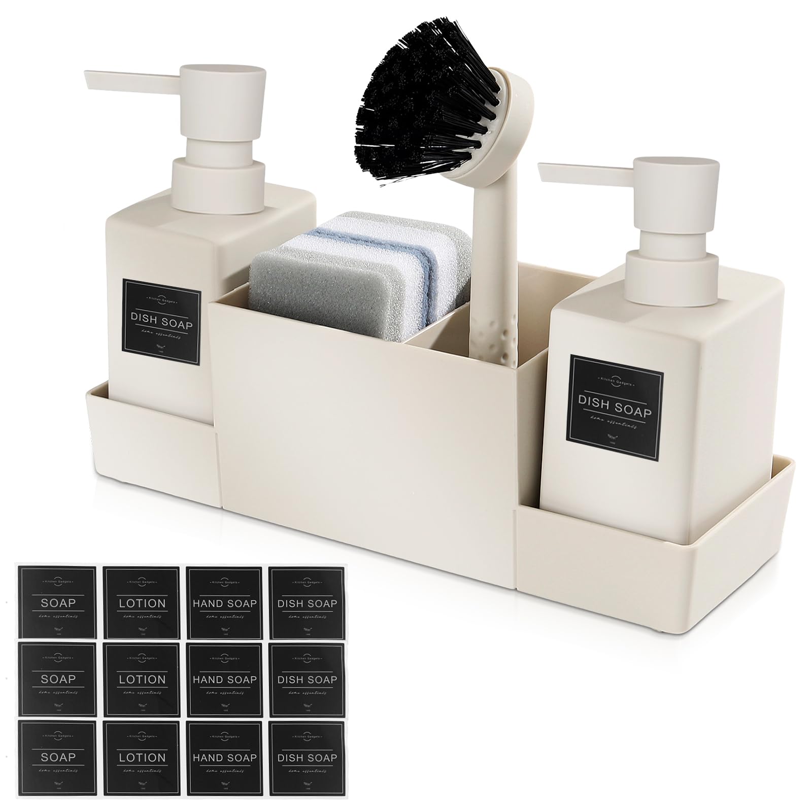HOSPAOP Spülbecken Organizer, Küchen Organizer Spüle Set aus Kunststoff mit Spülmittelspender, Bürste und Spülschwamm, Sink Organizer mit Seifenspender Schwamm Bürste, Beige