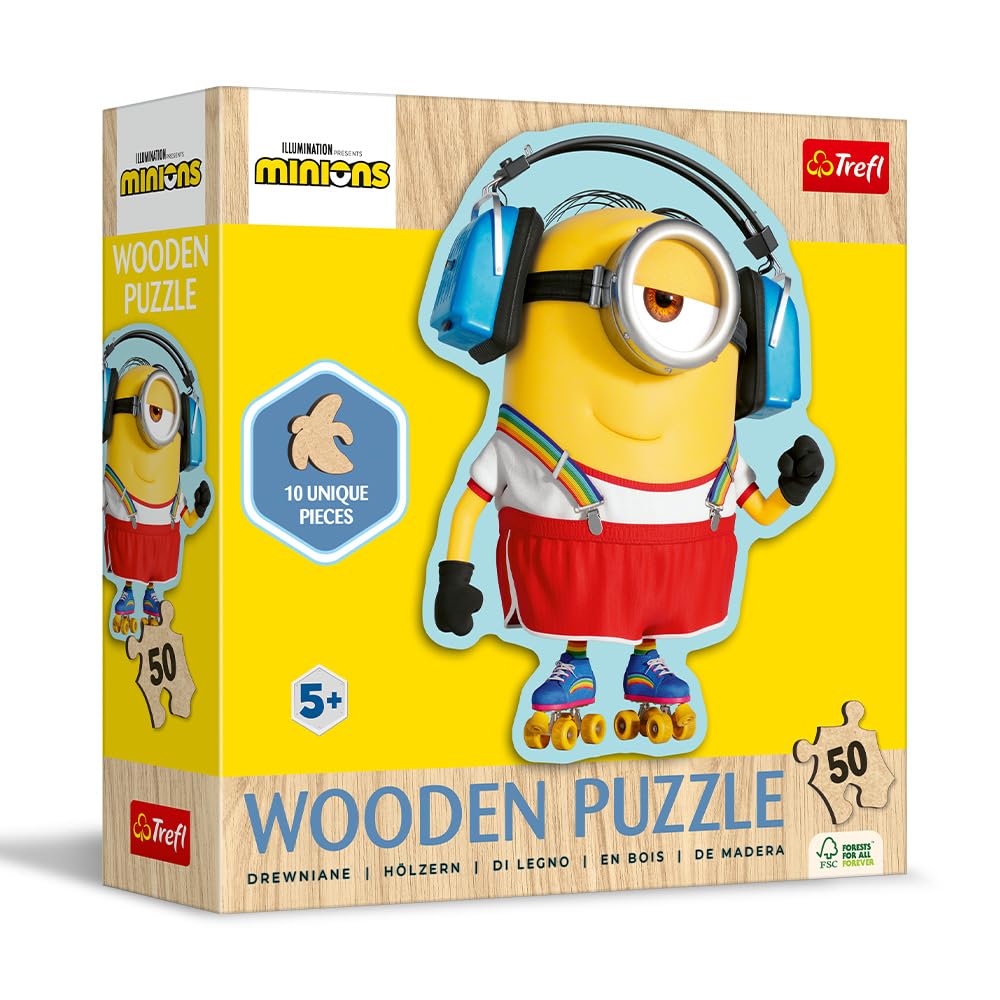 Trefl - Puzzle in Legno: Minions, Eccentrici Minions - 50 Pezzi, Puzzle ad Incastro Wooden Puzzle, Forme Irregolari, 10 Personaggi, Puzzle Moderno per Bambini dai 5 Anni
