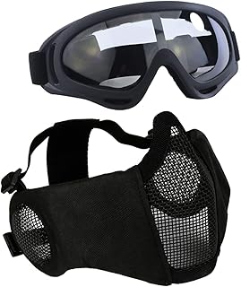 AOUTACC Airsoft Protective Gear Set, Half Face Mesh Mask with Ear Protection and Tactical Goggles for Kid Adult Men Women BBS Paintball Shooting CS Survival Games Cosplay - Black