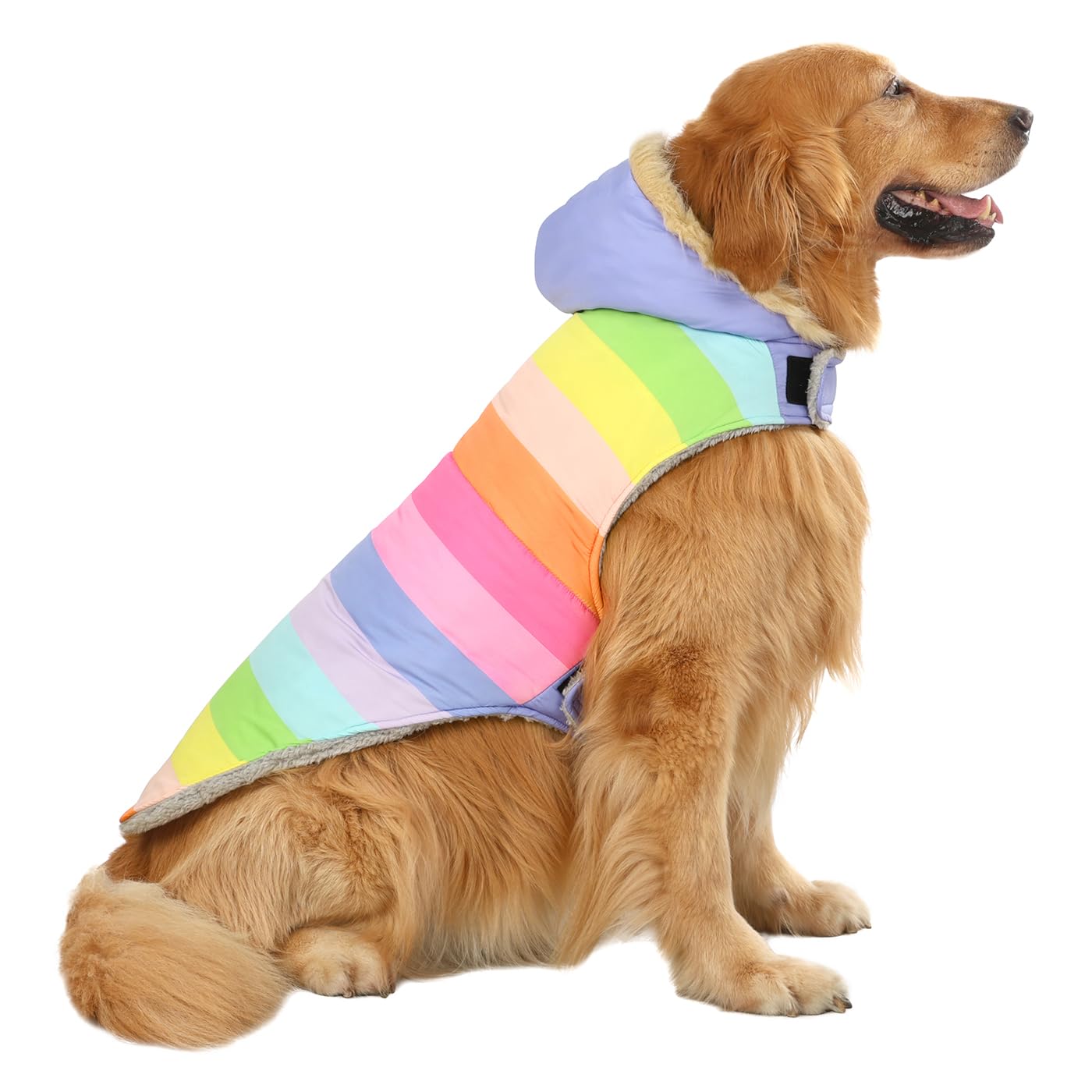HDE Dog Puffer Jacket Fleece Lined Warm Dog Parka Winter Coat with Harness Hole Pastel Rainbow - XXL