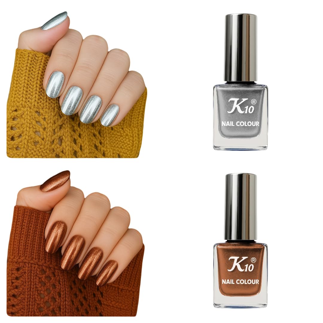 K10 Nail Polish| Metallic Finish Nail Paint|Quick Drying| Non UV Polish - Gel Finish |Chip Resistant Long-Lasting Multicolor Nail paint for Women and Girls | Silver And Coffee| Set of 2| (12ml each)-image-20