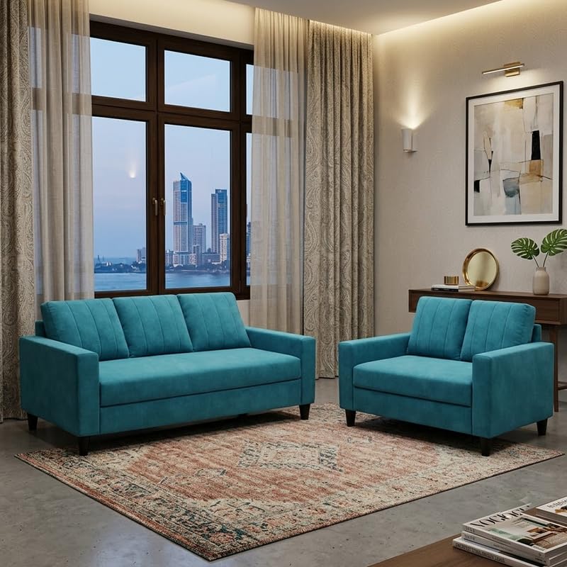 Image of Hendrick Plush Velvet 3 Seater + 2 Seater Sofa Set | Silken Velvet Suede Upholstery | Designer Sofa Set for Living Room & Office Spaces (Aqua Blue)