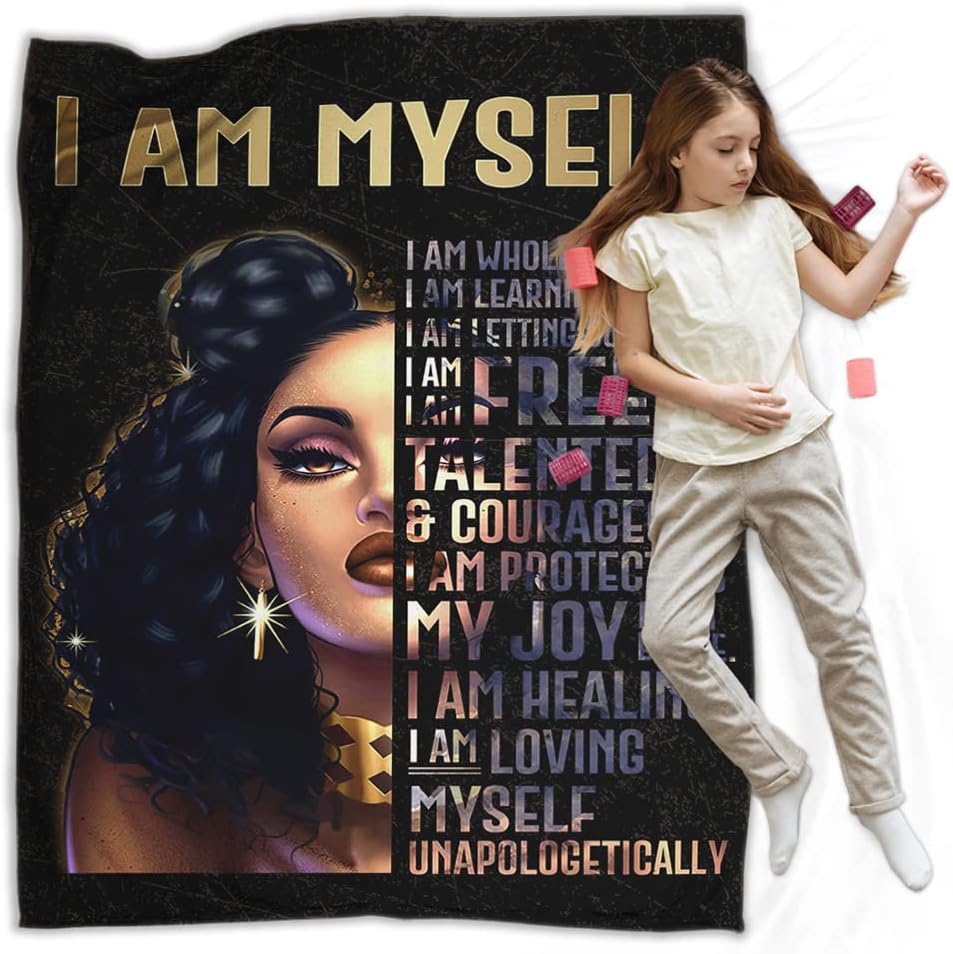 African American Throw Blanket Queen Black Girl Afro Women With Inspirational Quote Flannel Blanket For Living Room Dorm Bed Blanket Soft And Cozy Flannel Blankets For Couch Sofa Chair 60"X50"