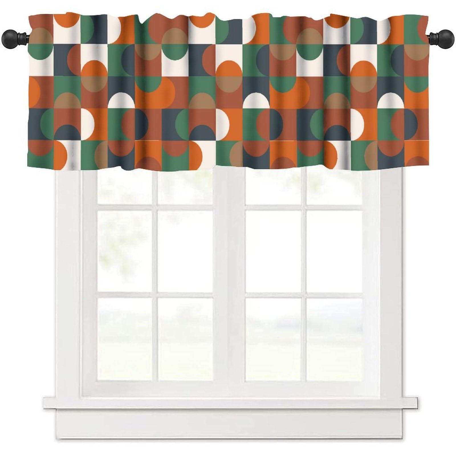 Vintage Mid Century Curtains Valance Retro Boho Neutral Modern Art Abstract Geometric Circular Window Curtain Valance for Farmhouse Bedroom Living Room Kitchen 54x18inch