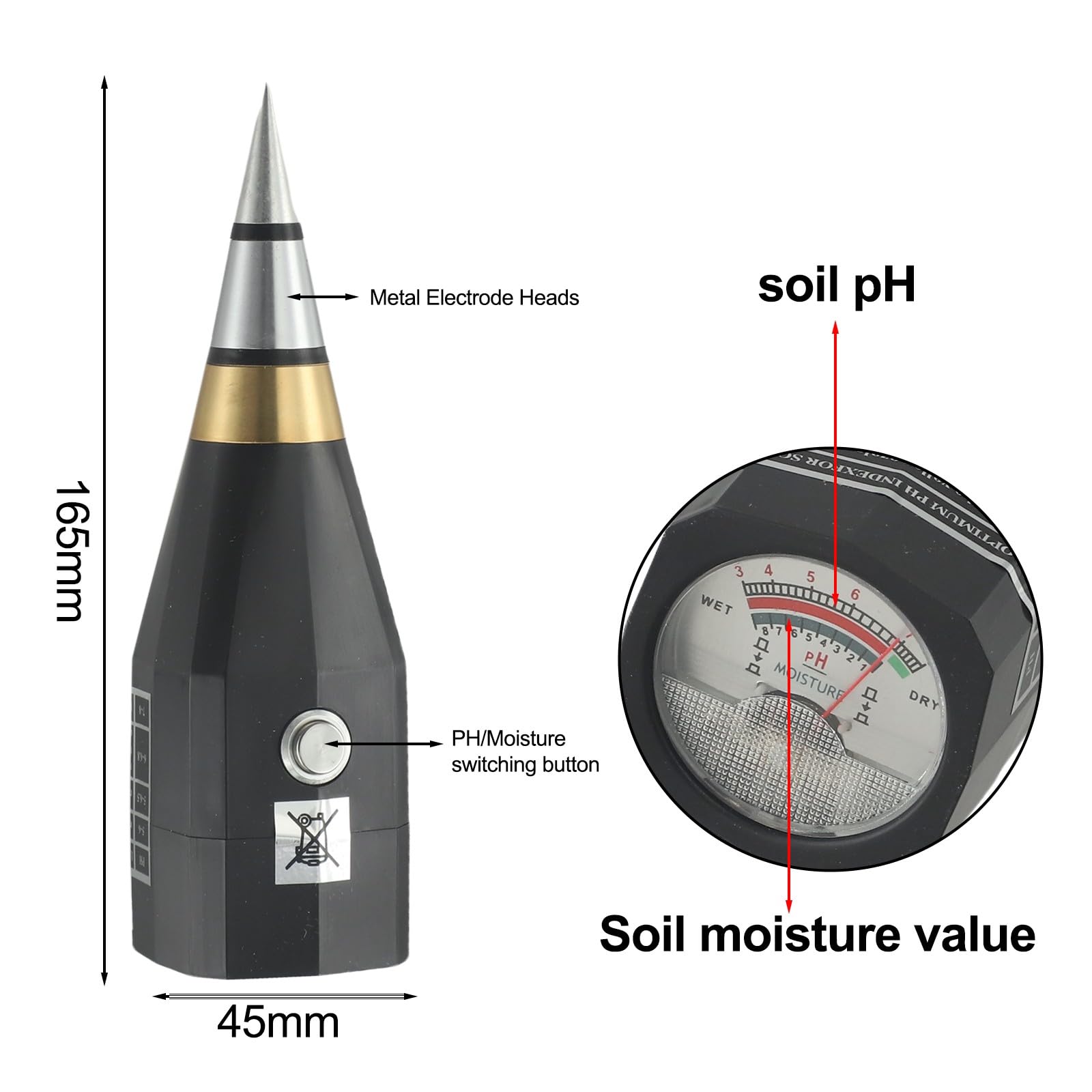 Testeur de pH du sol, capteur d'humidité portable avec électrode en métal et grand écran, testeur précis de plage de pH de 1 à 8 pour jardin, ferme, pelouse et plantes d'intérieur (noir)