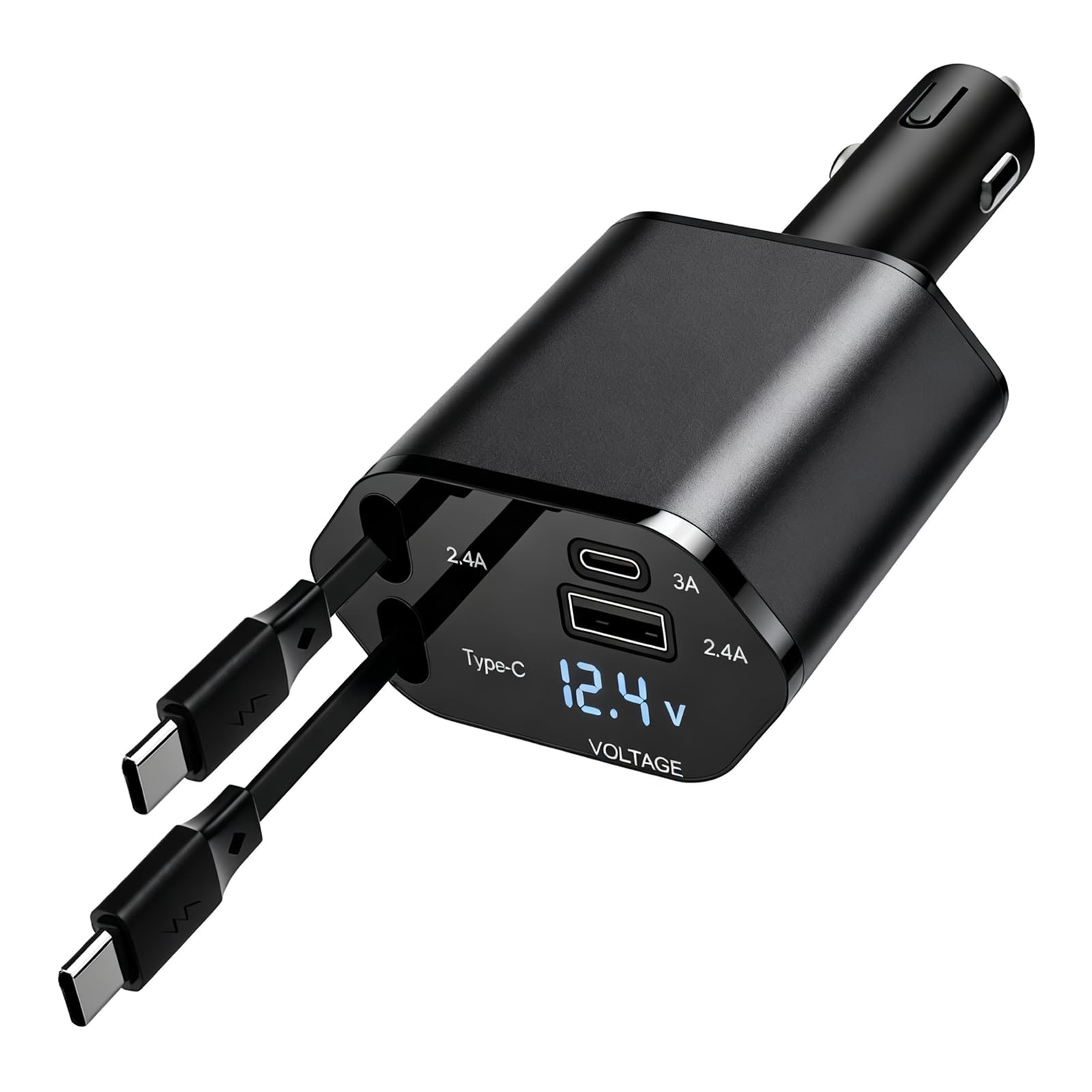 Adattatore accendisigari USB 4 in 1 con 2 cavi PD di tipo C (30 W/20 W) e porta USB-A/USB-C, caricatore retrattile per auto, camion, smartphone, tablet, computer portatile