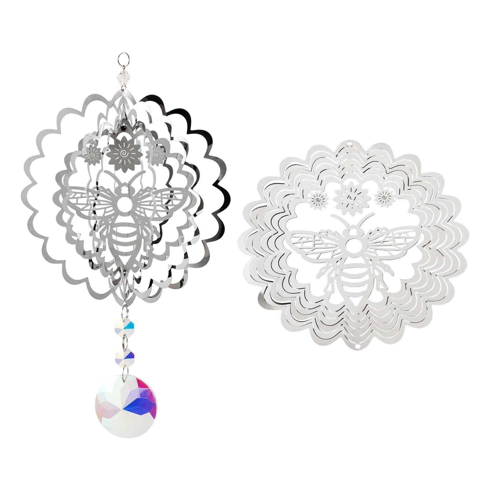 Handship 15cm Silver Wind Spinner Hollow Flower Bee Wind Spinner Stainless Steel Hanging Garden Spinners for Pollinator Garden Nature Decor