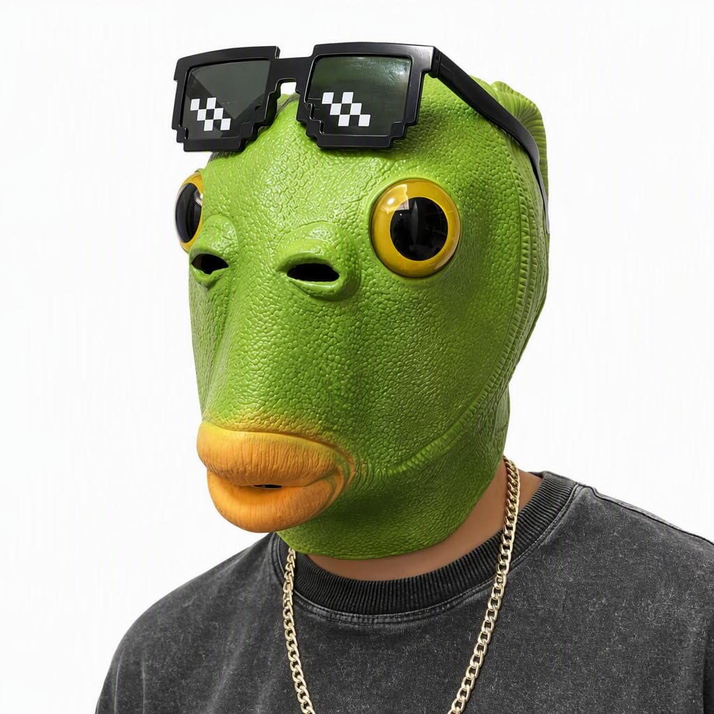 AWUONFS Green Fish Mask With Sunglasses,Funny Fish Costume Prop