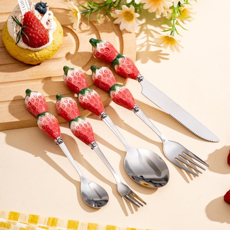 Strawberry Handle Cutlery Set, 3-Piece Stainless Steel Flatware with Ceramic Handles, Knife Fork Spoon Set for Dining