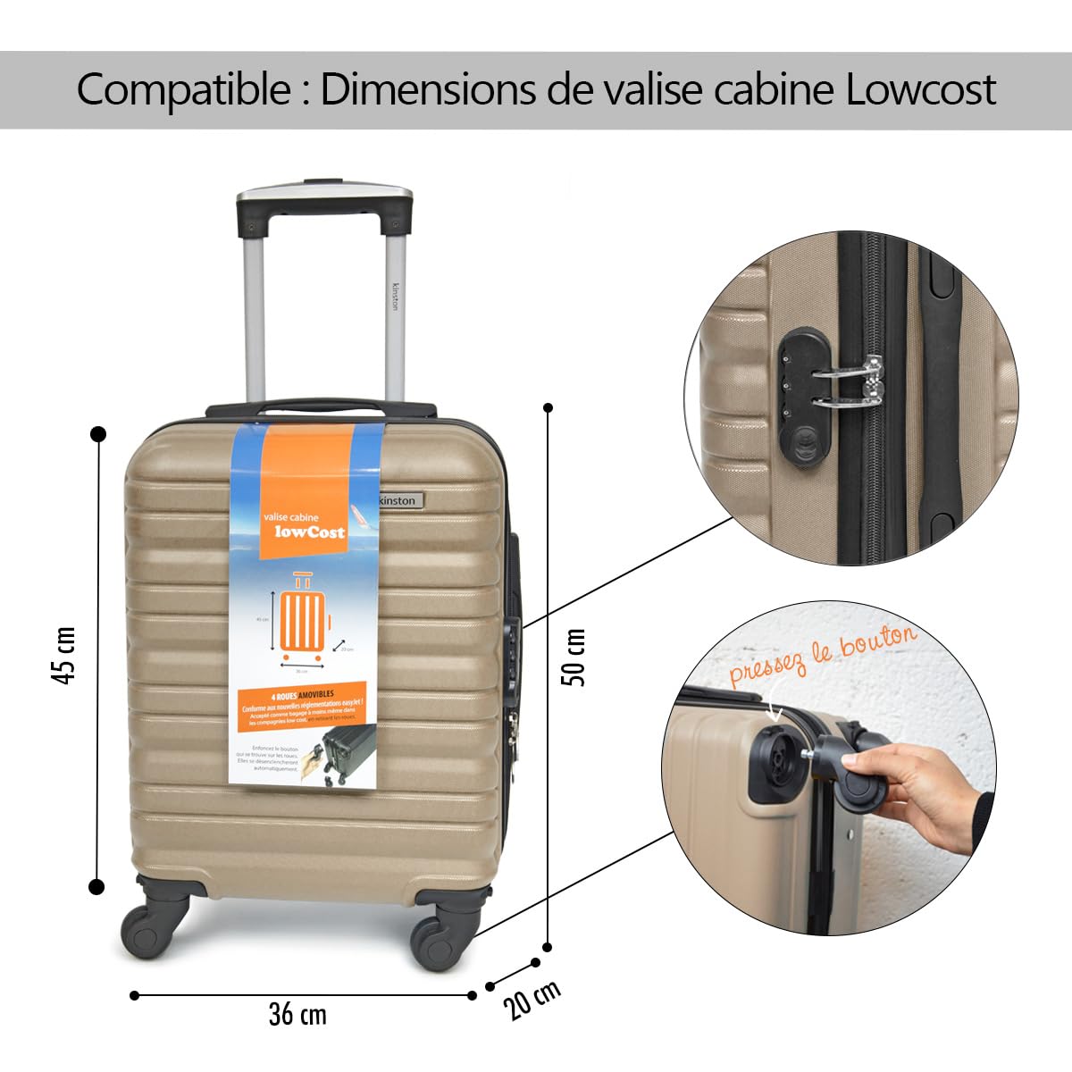 KINSTON Valigia Cabina per EasyJet 4 Ruote Rimovibili Dimensione LowCost - Bagaglio a Mano Leggero e Resistente, Ruote Girevoli Smontabili - Champagne