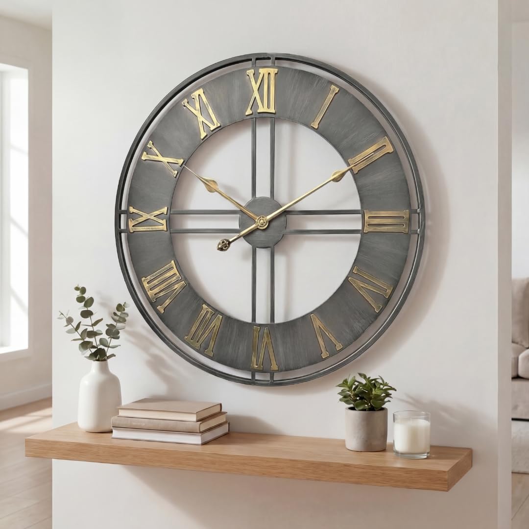 Heaven4you Industrial Roman Numeral Wall Clock – 60cm/23.6inch Vintage Decorative Metal Clock with Open Frame, Brushed Finish, and Gold Roman Numbers for Living Room, Kitchen or Office