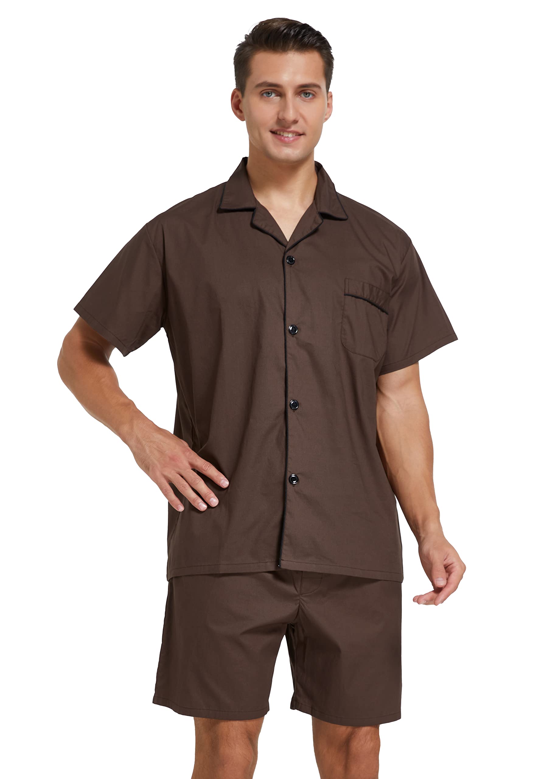 Mens Cotton Pajamas Short Sleeve Pajama Set Woven Sleepwear Loungewear