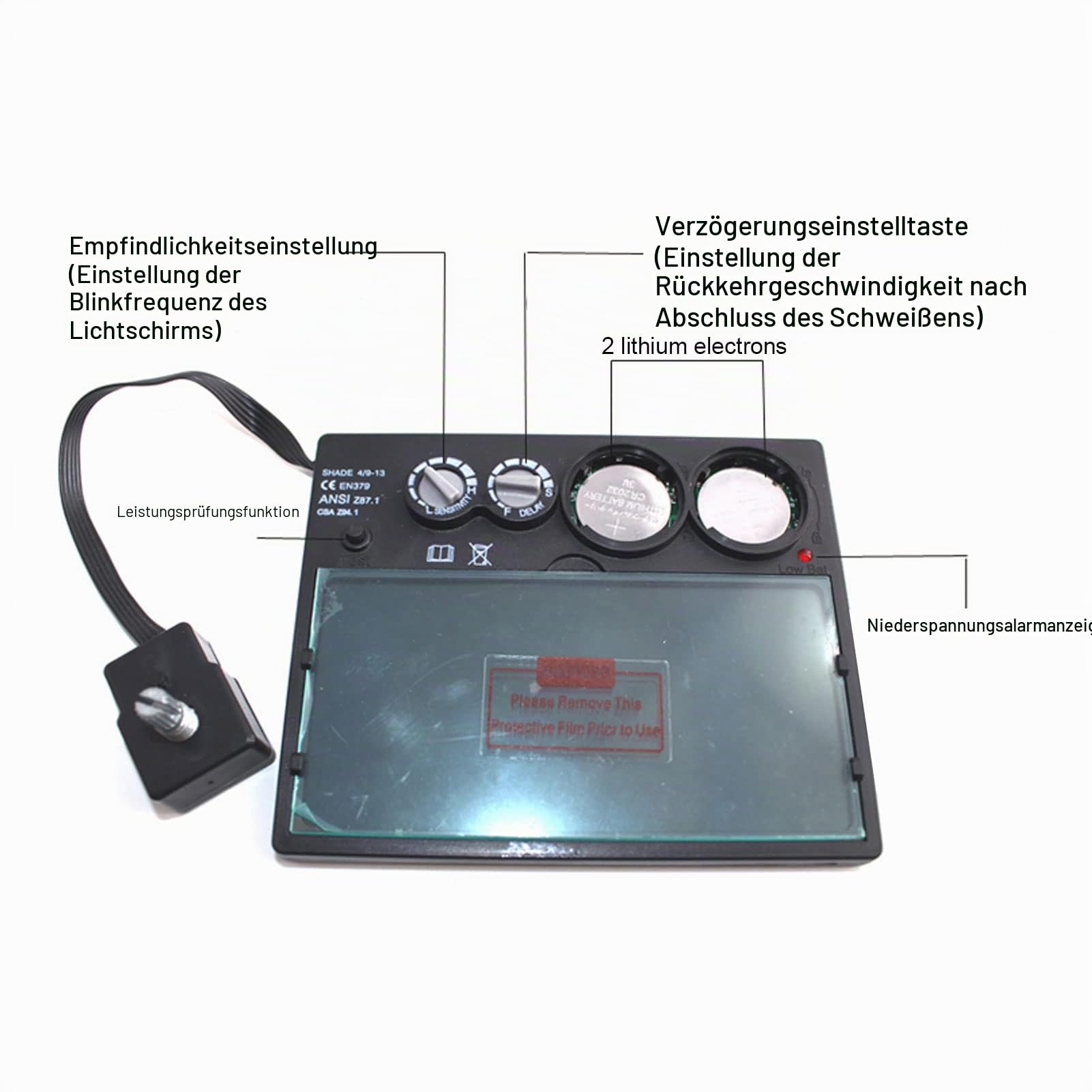 Automatisch verdunkelnde Schweißlinse, Schweißhelm-Ersatzlinse mit einstellbarer Empfindlichkeit, 100 x 50 mm große Schweißlinse, Schweißhaubenlinse mit 2 Lichtbogensensoren