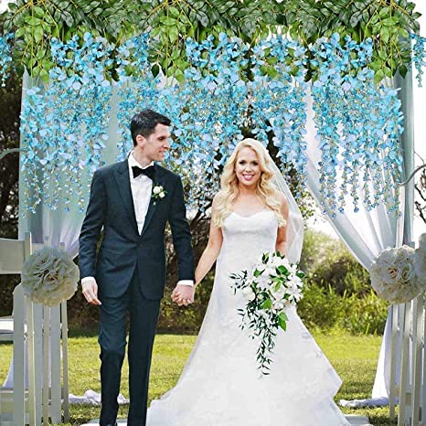 Image of Tia Crafts Polyester Artificial Hanging Flowers For Ceiling Balcony | Sky Blue Wisteria Vine | Home Party Decor Garden Outdoor Wall Decoration | Waterproof Washable 3.7Ftpack Of 12 (Sky Blue, 12)