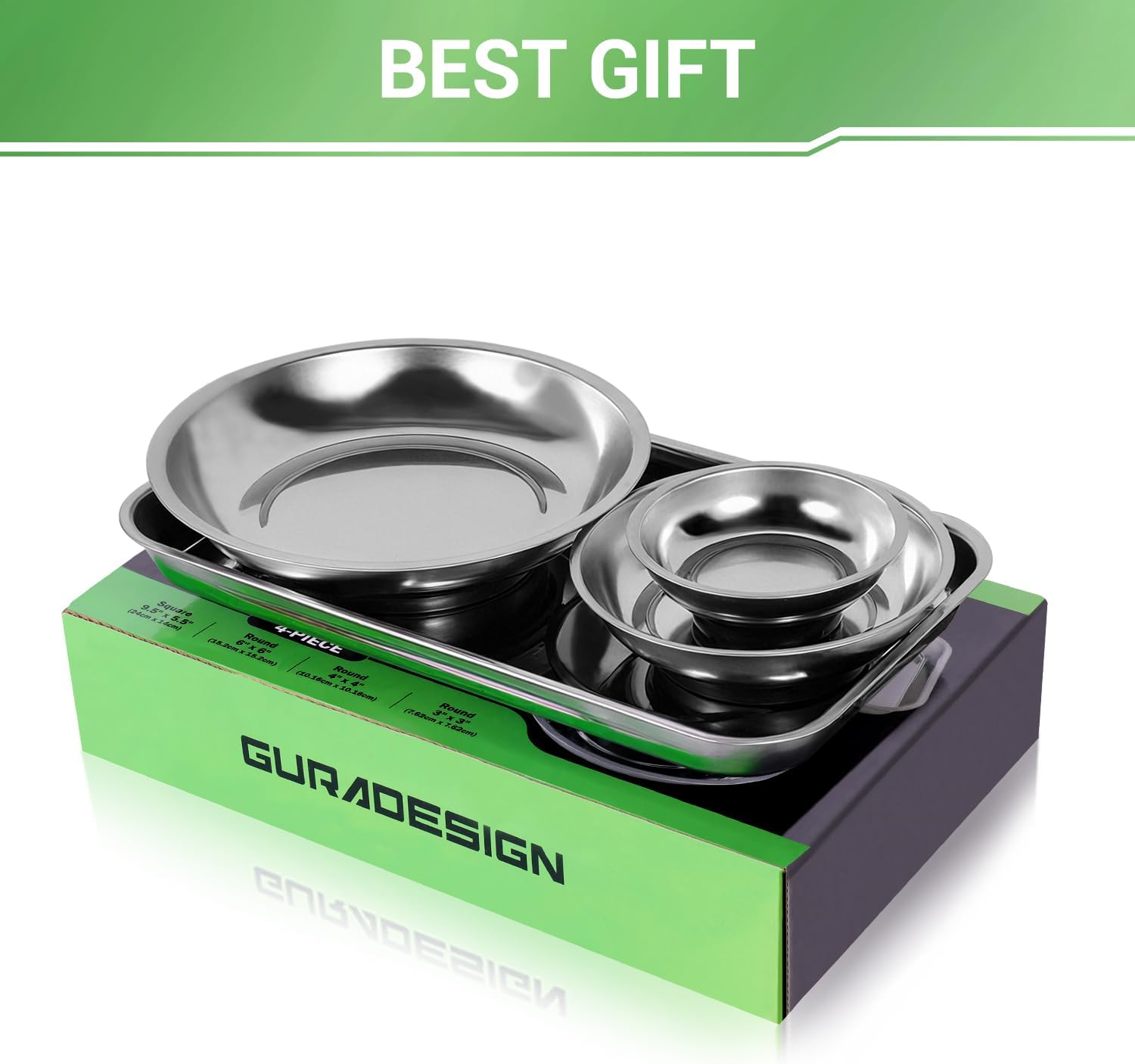 GURADESIGN Magnetic Tray 4-Piece, Large Magnetic Parts Tray and Round Magnetic Parts Tray Set, Stainless Steel Heavy Duty 9.5" W x 5.5''L Square and 6" 4" 3"Round Tools Tray