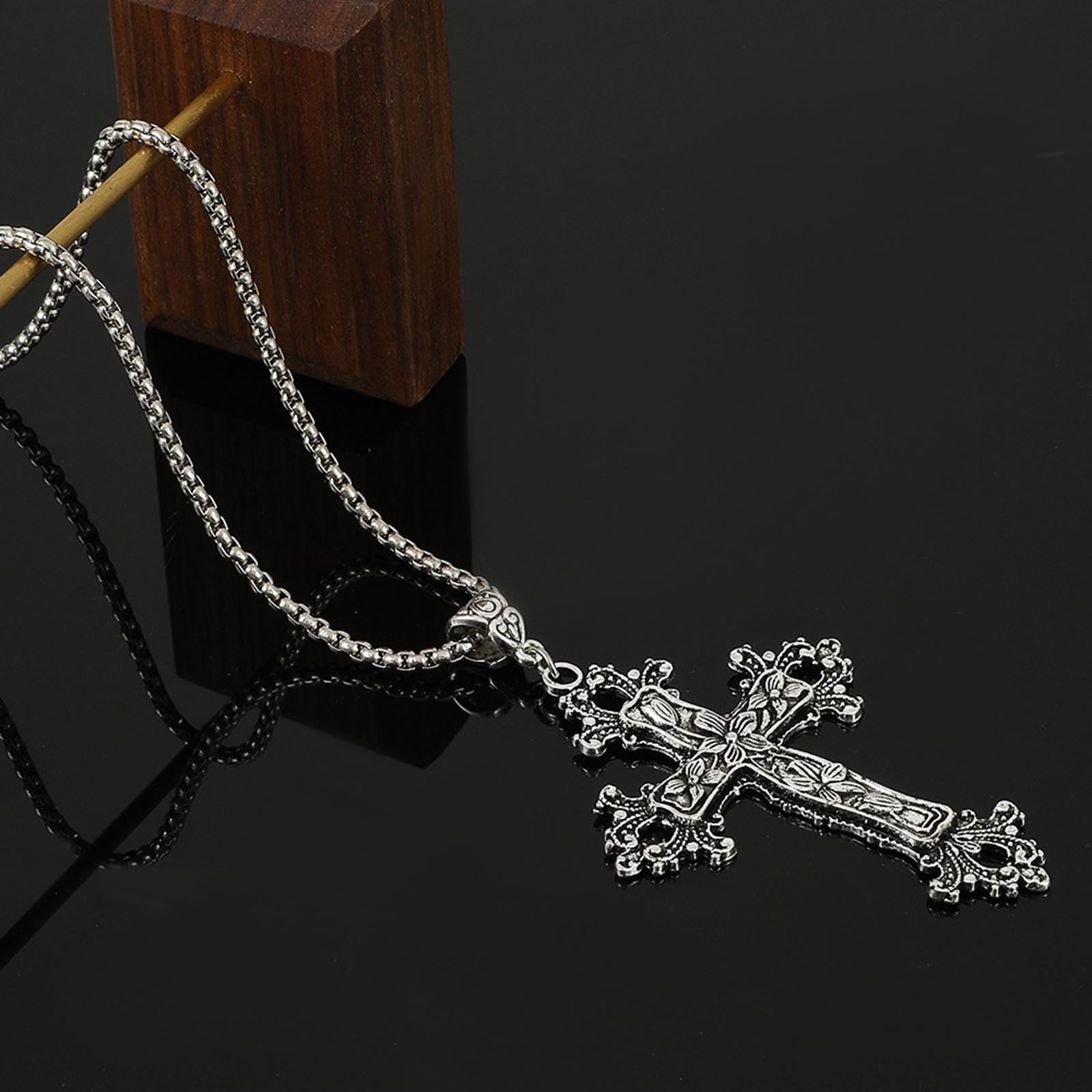 Wendalern Gotico Argento Croce Collana Grande - Inciso Fiore