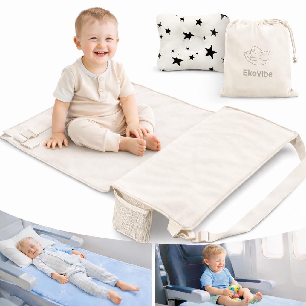 Toddler Airplane Bed seat Extender with Pillow - Soft Portable Travel Bed for Kids - Plane footrest for Long Flights - Lightweight Carry Bag Included (Off White)