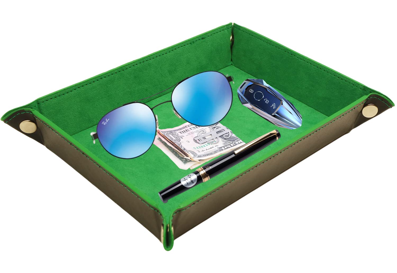 Organizador de valet – Bandeja para joyas, carteras, relojes, llaves, monedas, teléfonos, gafas, perfecto para mesita de noche, escritorio, entrada, 10.6 x 8.3 x 1.6 pulgadas, piel sintética