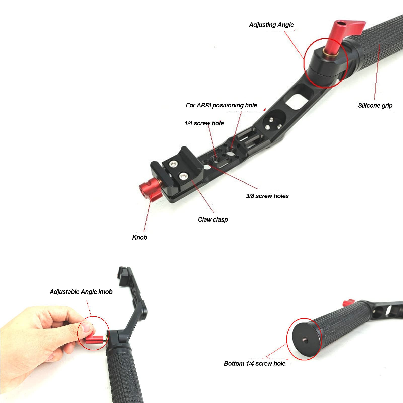 Ręczny wspornik przedłużający do aparatu Regulowany uchwyt do aparatu ze stopu aluminium Ręczny stabilizator do RS2 RSC2 RS3 Trwały, lekki, ergonomiczny uchwyt Profesjonalne