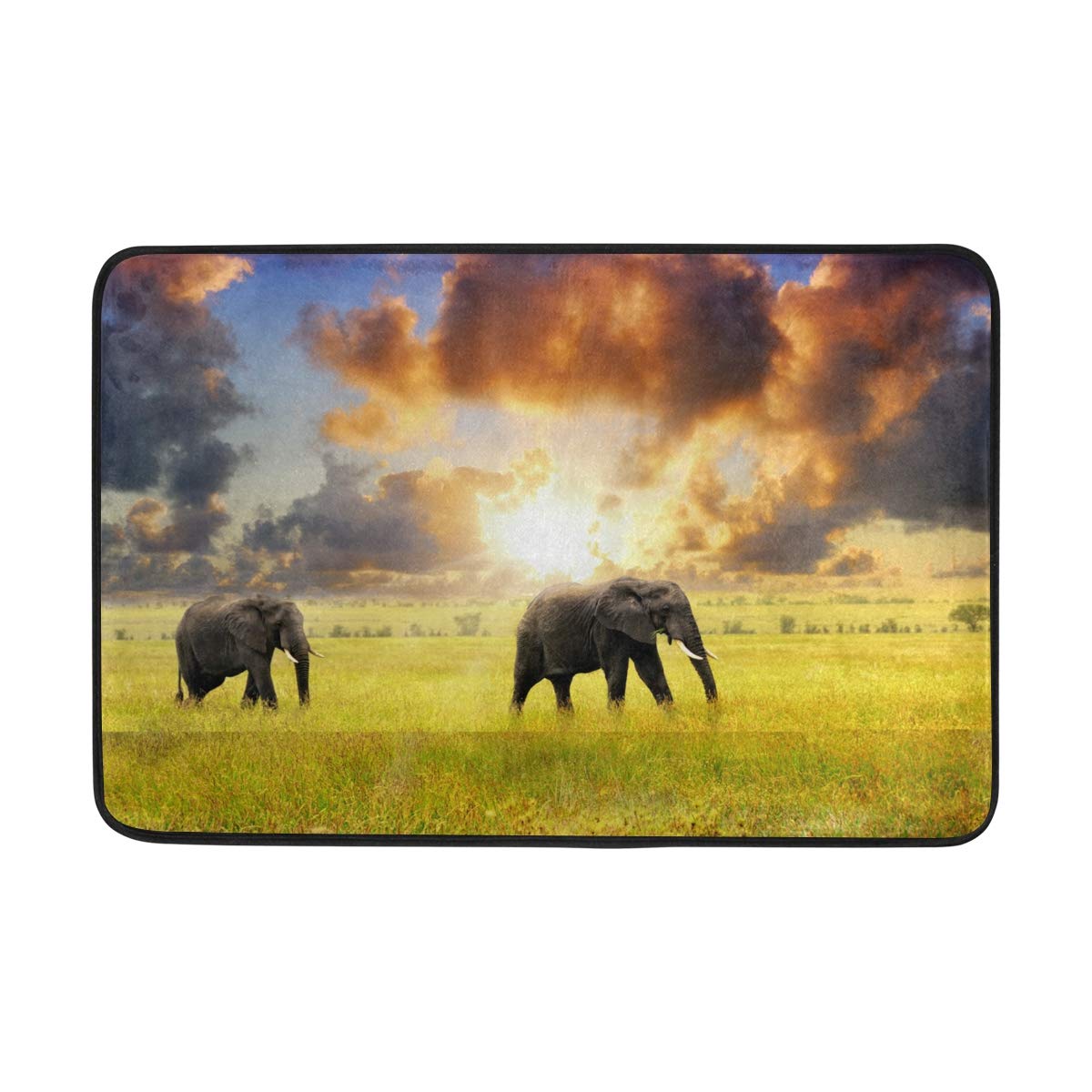 Lot de 2 tapis de bain BKEOY en tissu polyester antidérapant Motif éléphant couchant de soleil Tapis de bain lavable intérieur Décoration de la maison