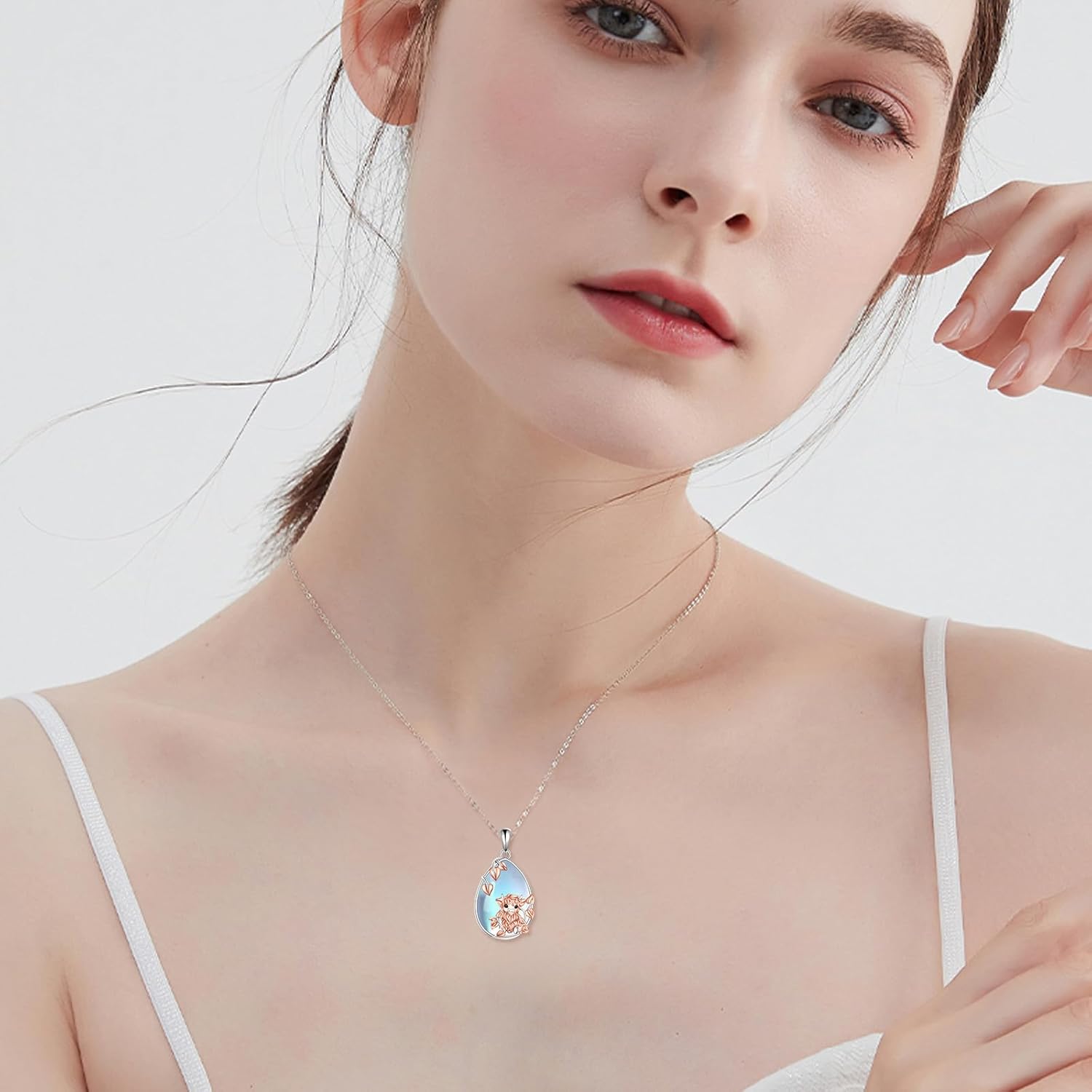 LUHE Moonstone Necklace 925 Sterling Silver Fox/Axolotl/Cat/Raccoon/Penguin/Frog/Panda/Highland Cow Pendant Necklace Animal Jewelry Gifts for Women