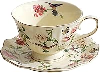 Vista 1 de fanquare Vintage Spring Style Tea Cup and Saucer Set, 8 oz Porcelain Coffee Cup with Gold Trim, Flower and Bird Teacups for Women and Tea Parties