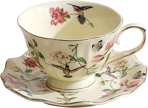 fanquare Juego de taza de té y platillo estilo primavera vintage, taza de café de porcelana de 8 onzas con borde dorado, tazas de té de flores y