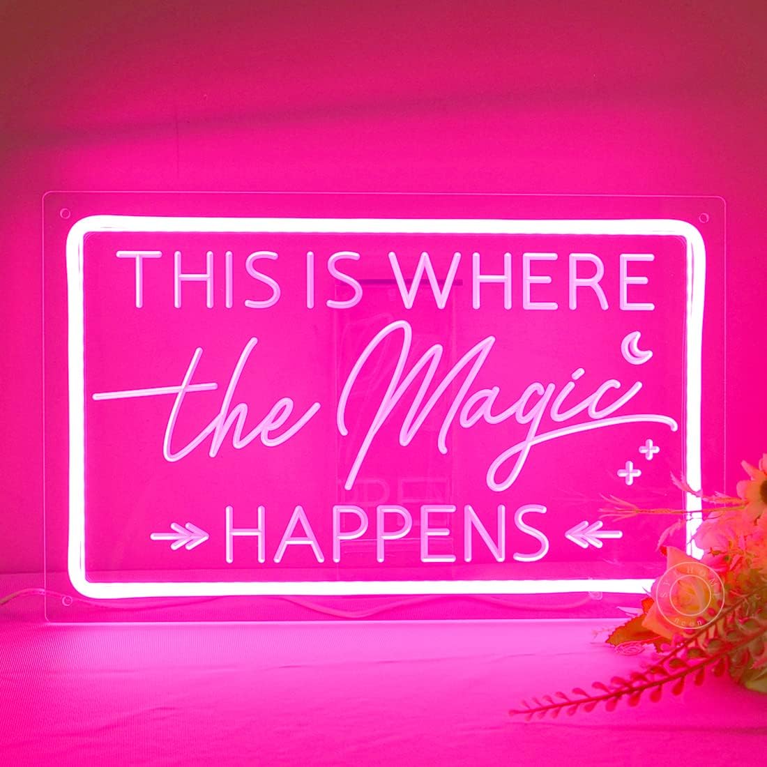 SYLHOME This Is Where The Magic Happens Pink Led Neon Light Sign Wedding Birthday Engagement Bachelorette Party Bar Bedroom Office Wall Sign Decor USB Light Up Sign 15.75"X9.8" - Image 6