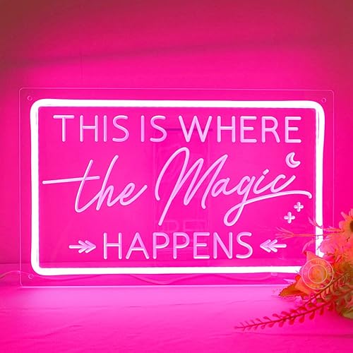 Miniatura 6 de SYLHOME Letrero de luz LED de neón rosa con texto en inglés "This Is Where The Magic Happens", para boda, cumpleaños, compromiso, despedida de