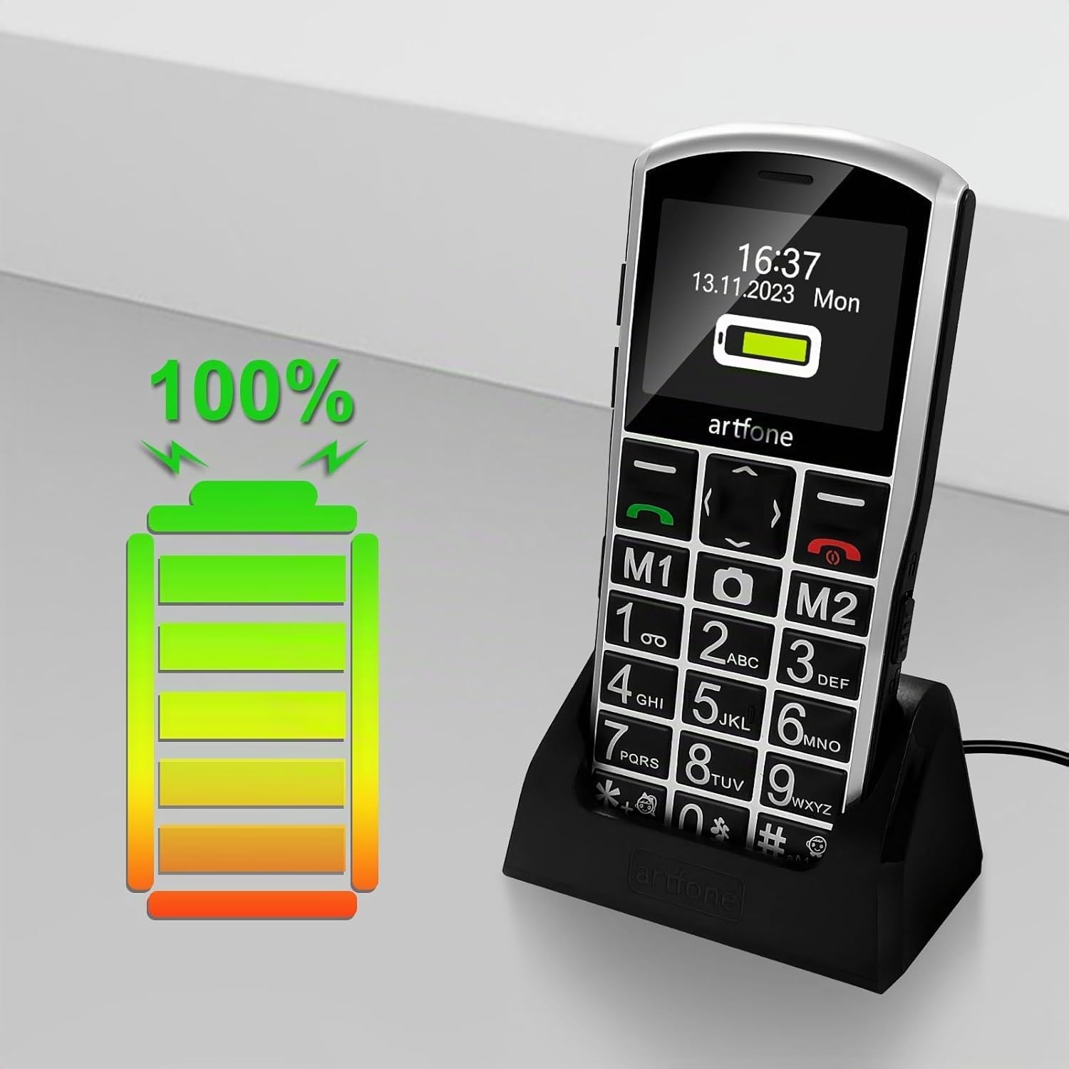 artfone A400 Argento - 4G Telefono Cellulare per Anziani con Tasti Grandi丨Funzione SOS丨Chiamata Rapida丨Volume Alto丨Base di Ricarica丨Funzione di orario丨Doppia SIM丨Fotocamera丨Batteria da 1800 mAh