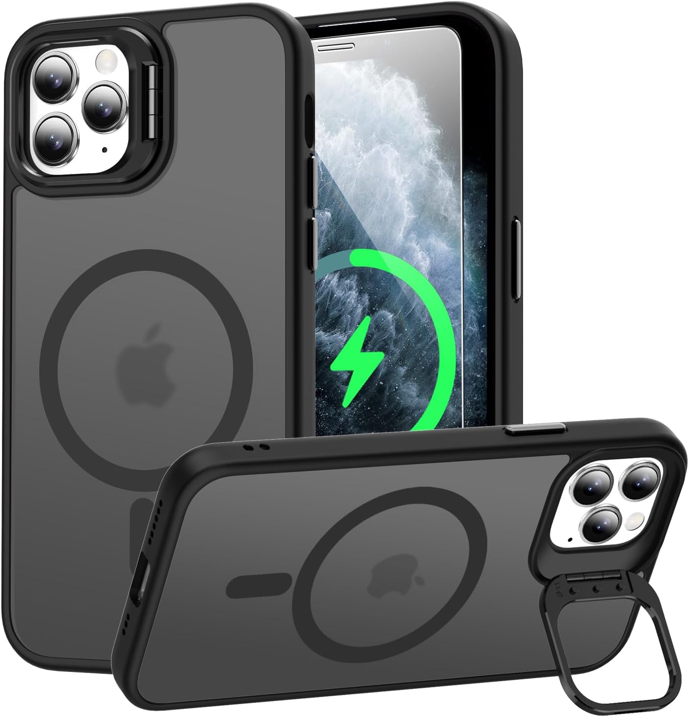 Goodon Magnetic 11 Pro Max Case with Screen Protector, Built-in Metal Camera Kickstand,[Compatible with Magsafe] [Wireless Charging] Matte Protective Phone Cover 6.5" for Men Women Girls -Black