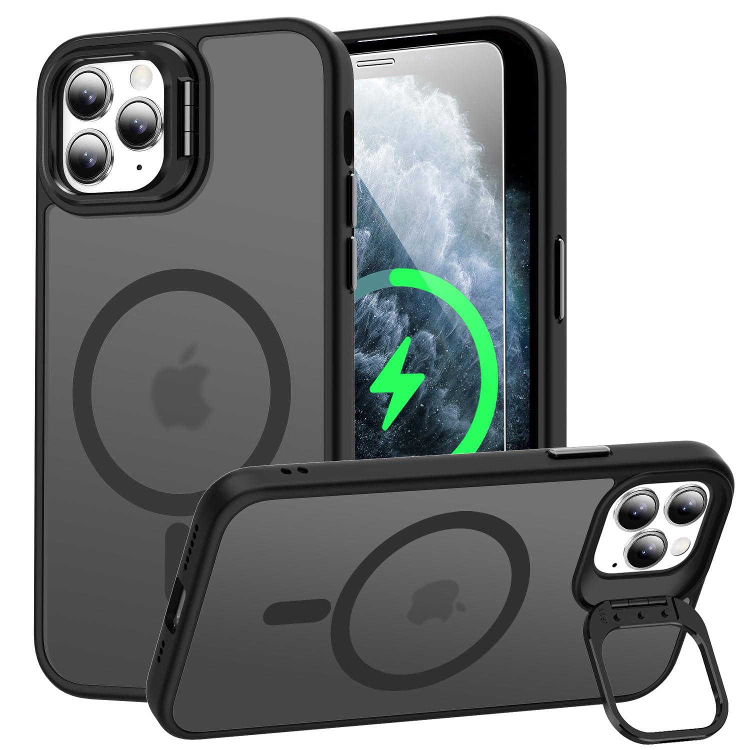 Goodon Magnetic 11 Pro Max Case with Screen Protector, Built-in Metal Camera Kickstand,[Compatible with Magsafe] [Wireless Charging] Matte Protective Phone Cover 6.5" for Men Women Girls -Black