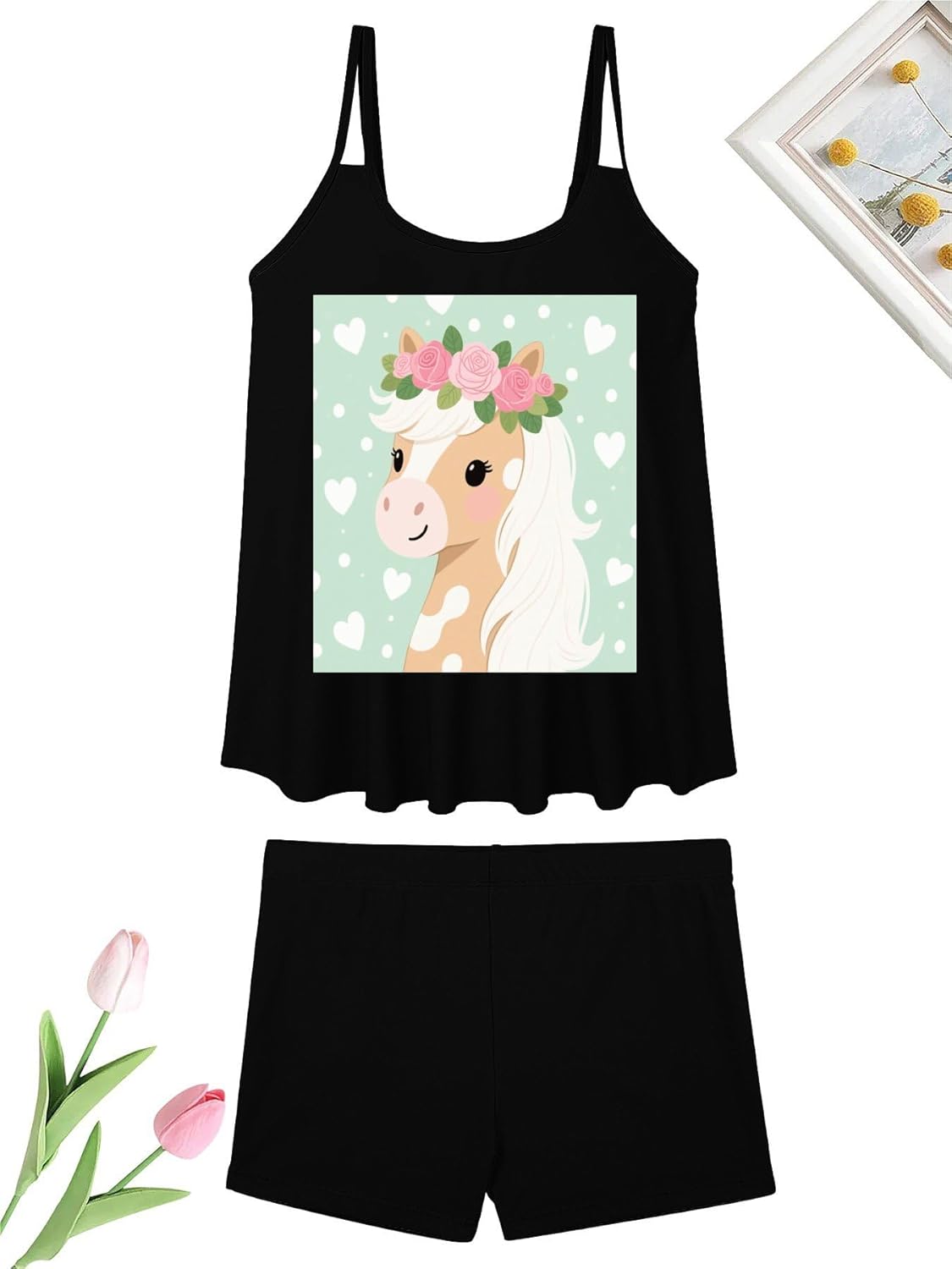 Cute Horse with Flowers Tankini Swimsuits for Women Tummy Control Two Piece Bathing Suits Swim Tops with Boy Shorts