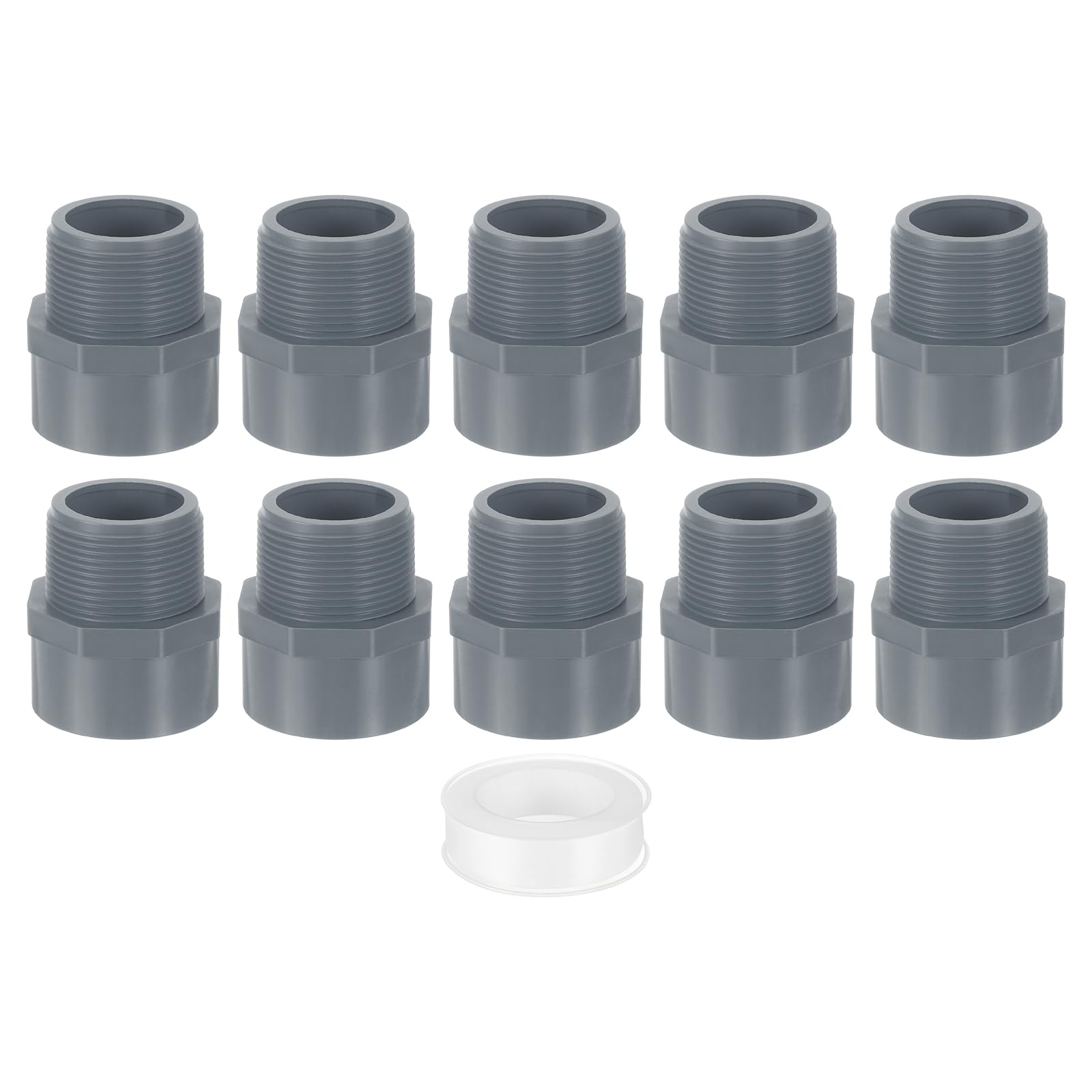 QUARKZMAN Raccord adaptateur mâle en PVC, 10 connecteurs de tuyaux 2 voies 1-1/2" avec ruban d'étanchéité (douille x filetage mâle), raccord adaptateur pour conduite d'eau (gris)