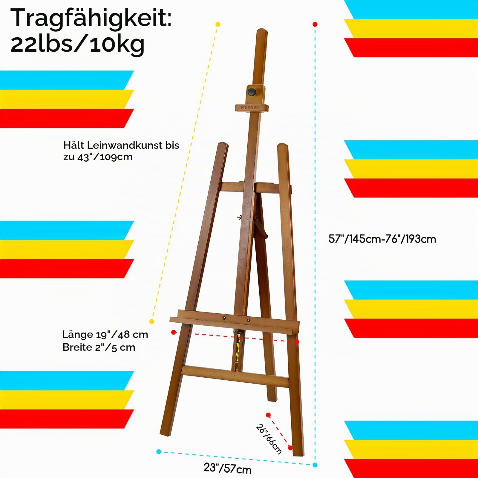 MEEDEN Malstaffelei aus Holz: Staffeleiständer aus Massivem Buchenholz für Leinwände bis zu 109 cm – Verstellbare Staffelei von 144–193 cm für Erwachsene Studenten Atelier Galerie – Walnuss
