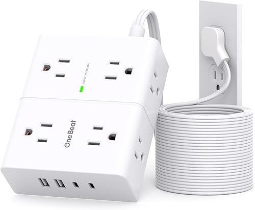 Cable protector de sobretensiones de 10 pies, cable de extensión de enchufe plano ultrafino, 8 tomacorrientes, 4 puertos USB (2 USB C), extensor de