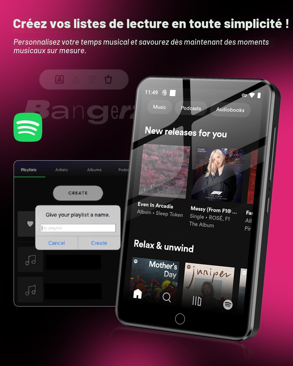 Lecteur MP3 80 Go avec Bluetooth et WiFi, écran Tactile 4 Pouces Lecteur MP3 pour Enfants Haut-Parleur intégré, Lecteur MP4 avec Spotify, Audible, Amazon Music, Deezer, Radio FM, jusqu'à 1To