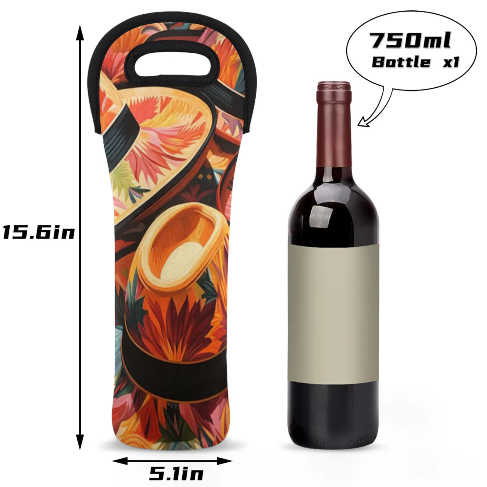 Neoprene Wine Tote Carrier Bag for Wine,Water, Champagne, Beer, Baby Bottles 15.6 x 5.1 Inches, Protective Wine Bag,Mexico Hat