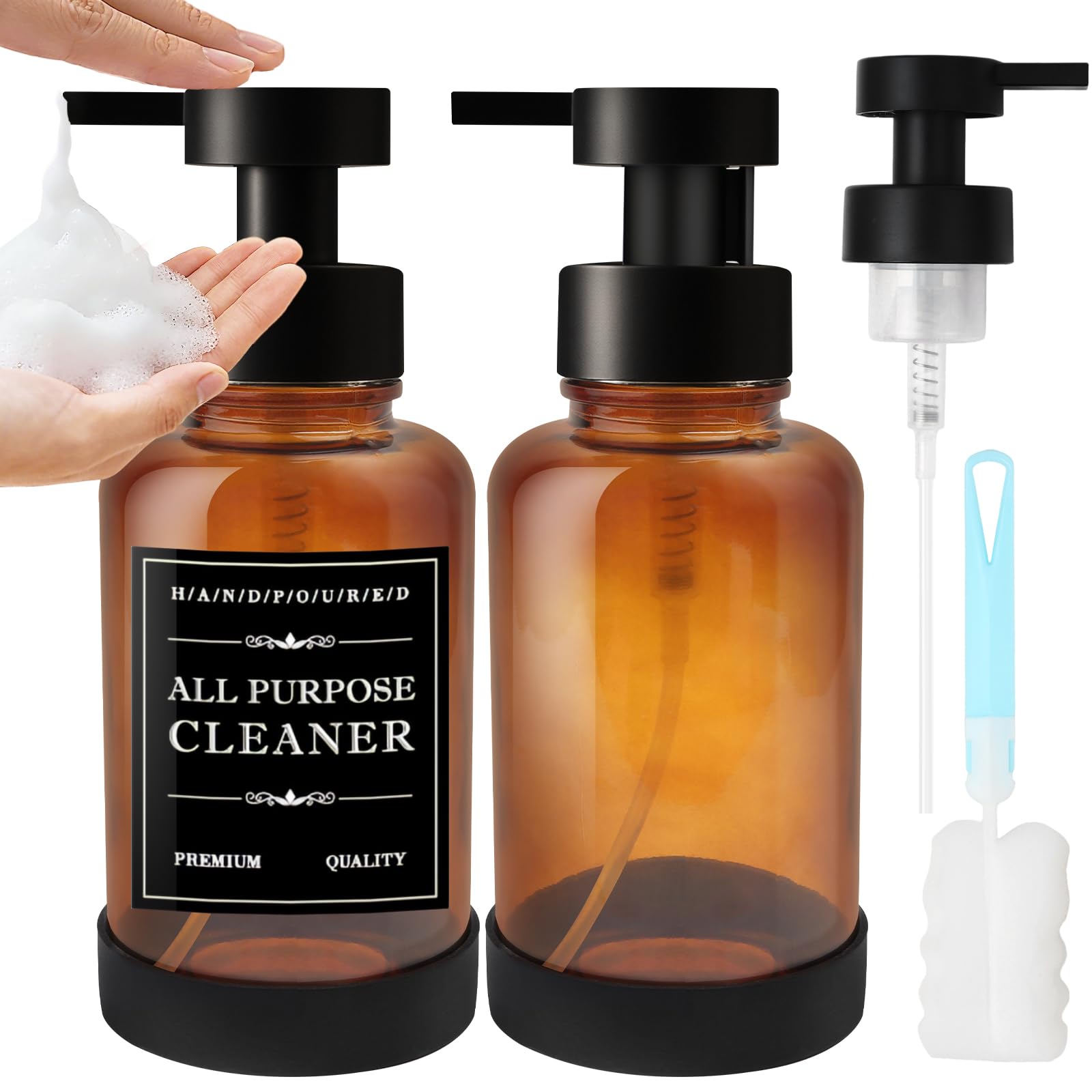 2 Peezi 400ml Distributori di Sapone in Schiuma, Maxumille Marrone Schiuma Dispenser Sapone Bagno, Flaconi Riutilizzabili per Shampoo con Mano Antiscivolo, per Bagni e Cucine Hotel