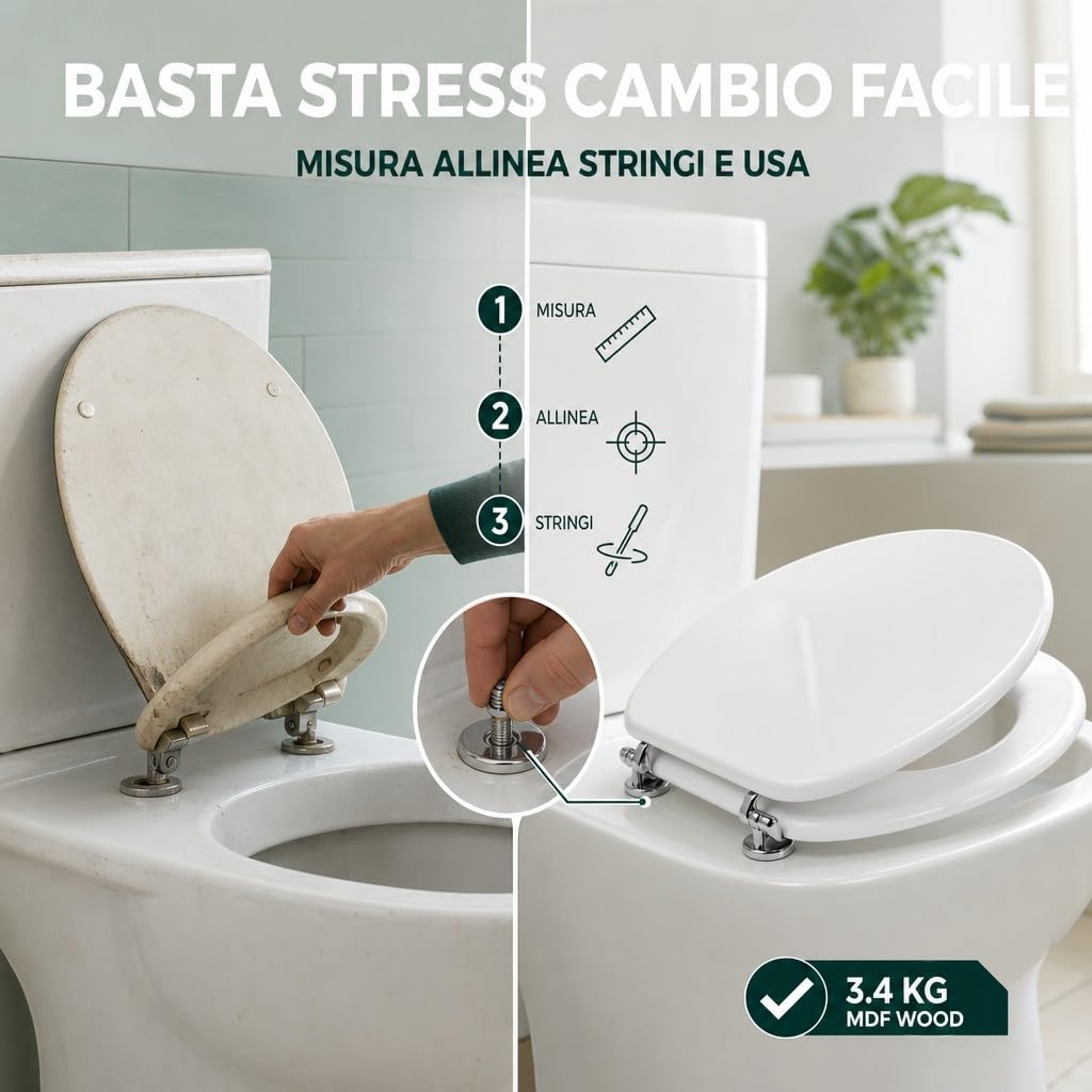 Copriwater Universale MDF Bianco 43x36 cm – Tavoletta WC in Legno MDF, Sedile WC Robusto con Cerniere Cromate, Asse WC Ovale Compatibile, Coperchio Water Resistente