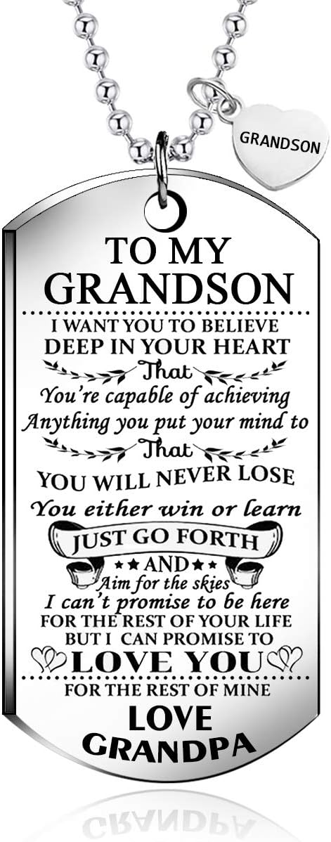 To My Grandson from Grandpa I Want You To Believe Love Mom Dog Tag Military Air Force Navy Coast Guard Necklace Ball Chain Gift for Best Son Birthday and Graduation