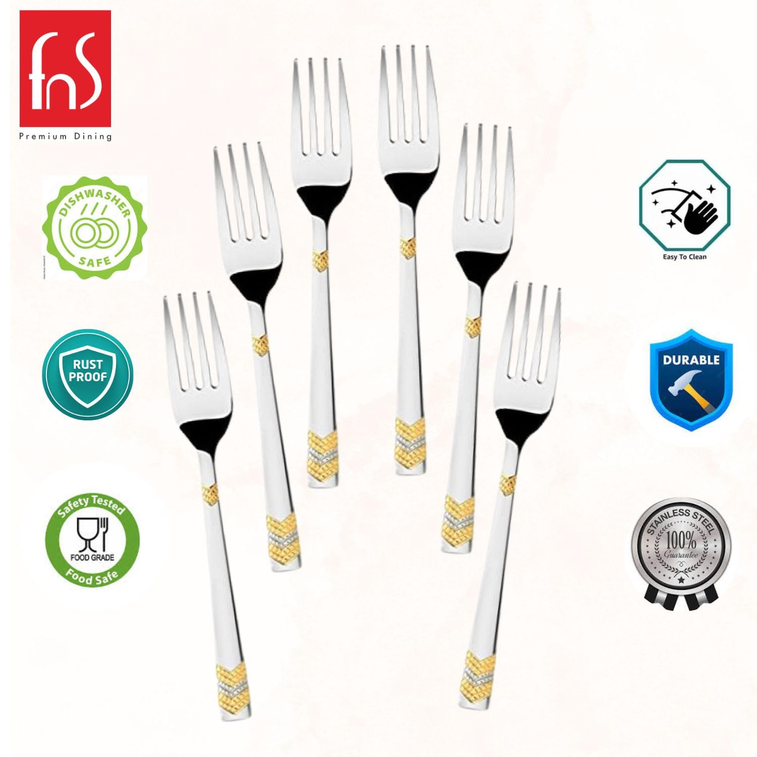 Gold Plated Fork Set - 6 Piece Raga Dinner Forks -2