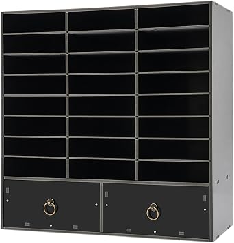 Literature Organizer,Desktop File Sorter Mail Center,Paper Storage Cabinet with 24 Slots Compartments,Suitable for Home School Office Black 24 Compartment with 2 Drawers