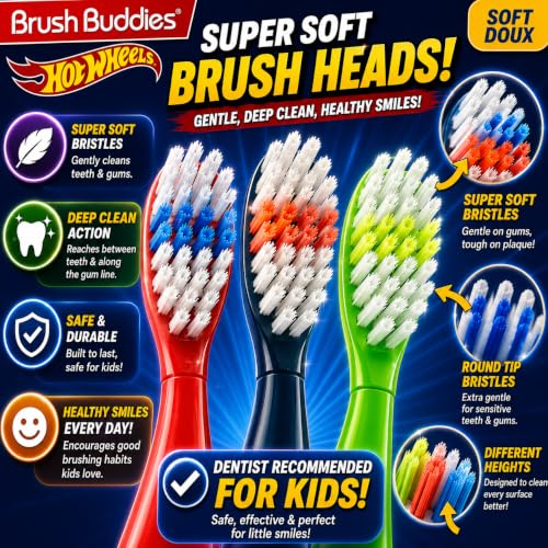 Image of Brush Buddies Hot Wheels Manual Toothbrushes for Kids - 3 Pack | Soft Bristled Children's Toothbrushes with Fun Multi-Colored Designs, Anti-Slip Grip Handles, Perfect for Toddlers, Home Use, or Travel