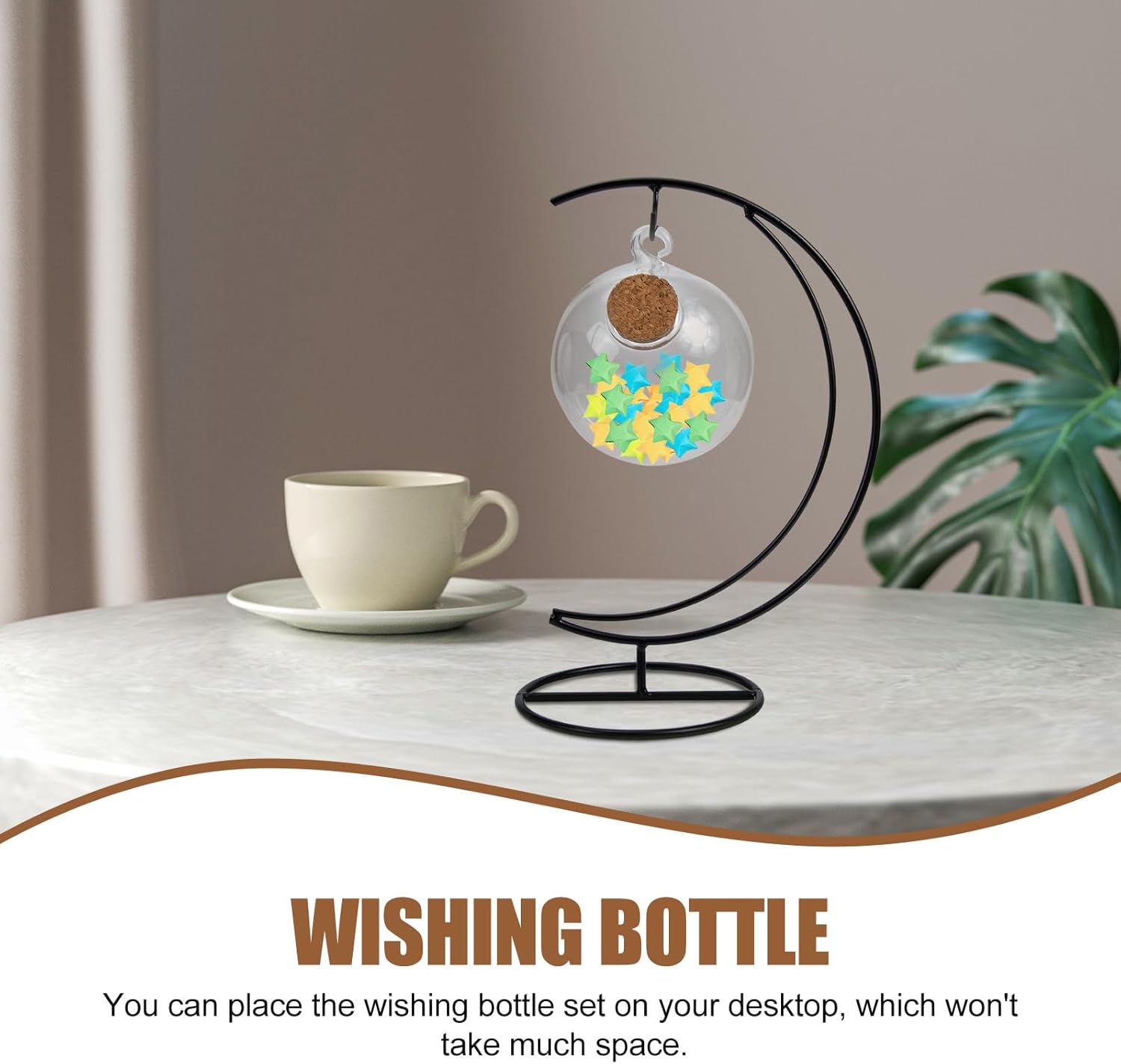 Hanging Jar Set with Transparent Glass Ball and Secure Lid, Decorative Moon-Shaped Metal Stand for Origami Stars, Plants, or Strings, Compact Display for Home, Office, and Gift Use